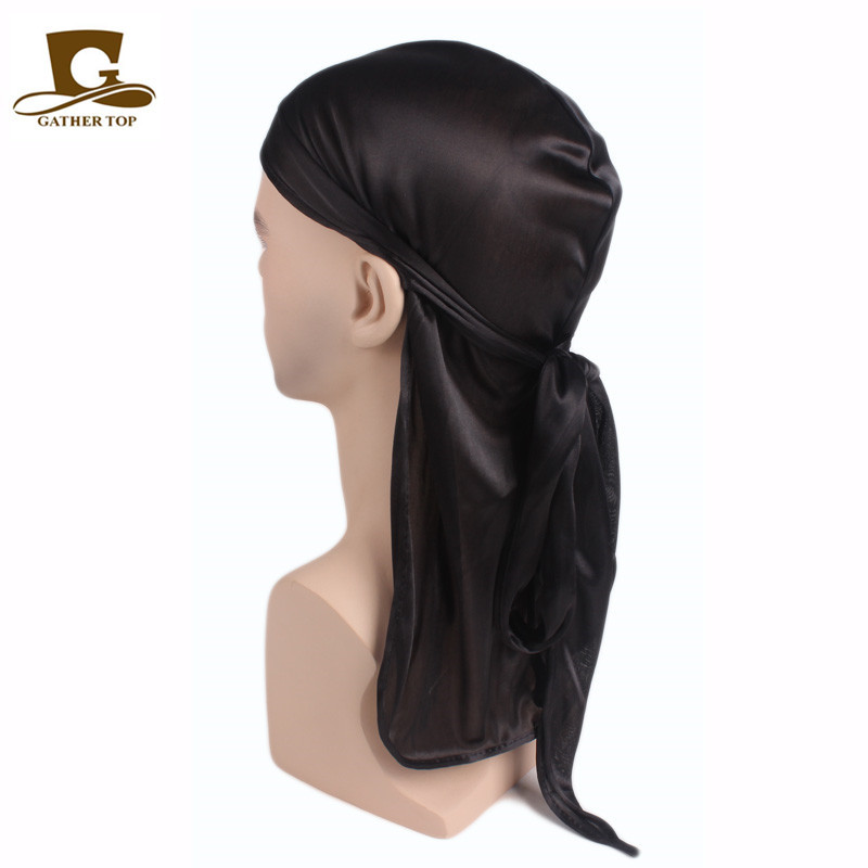 Unisex hombres mujeres satén transpirable Bandana sombrero sedoso Durag doo du trapo diadema de cola larga: Negro
