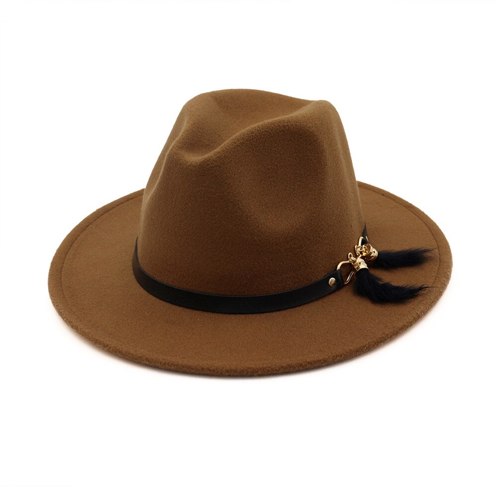 HanXi Winter Women Hat Wool Fedoras Felt Hat Lady Classical Flat Brim Cap PU Leather Band Metal Buckle: khaki