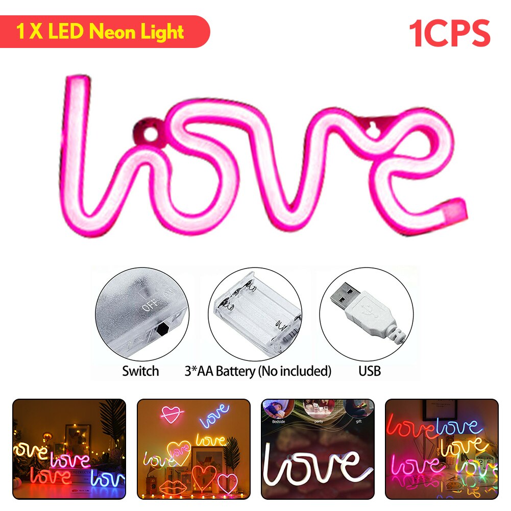 Romantic LOVE Letters LED Night Light USB Charging Home Decor Neon Lamp USB Charging battery box lamp Home led night lamp: Pink B 4.5V