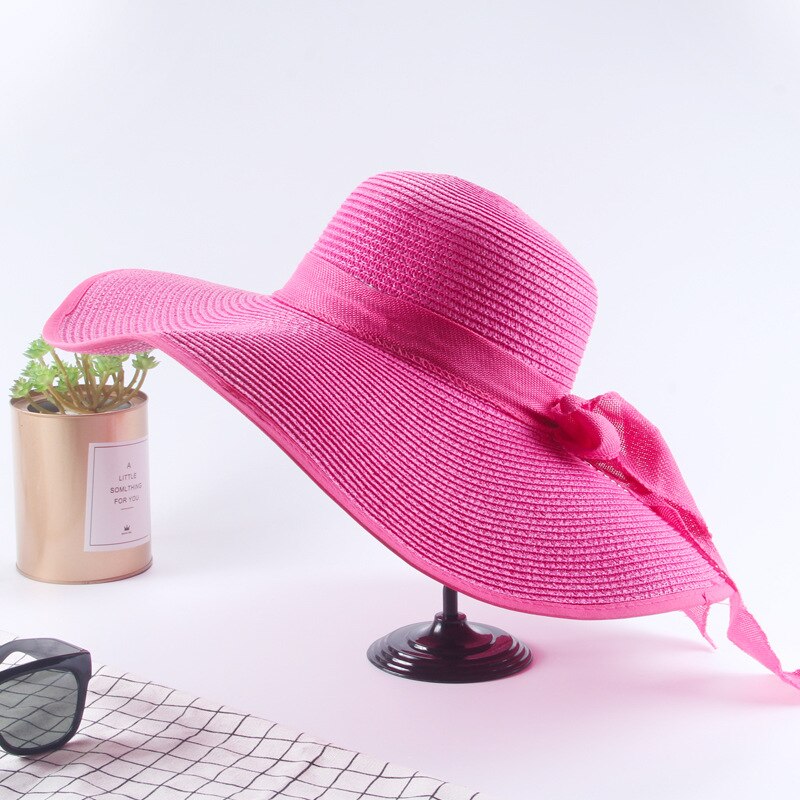 printemps été chapeau de paille femmes tempérament nœud papillon grand bord soleil chapeau Panama Style extérieur plage parasol chapeau de soleil: Rose Red