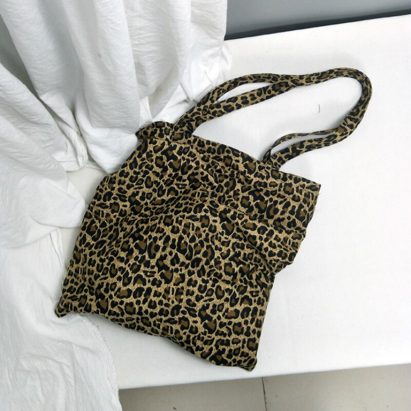 Shopping Bags Women Canvas Leopard Ins All-match Students Ulzzang Trendy Vintage Shoppers Chic Simple Chic Retro Totebag