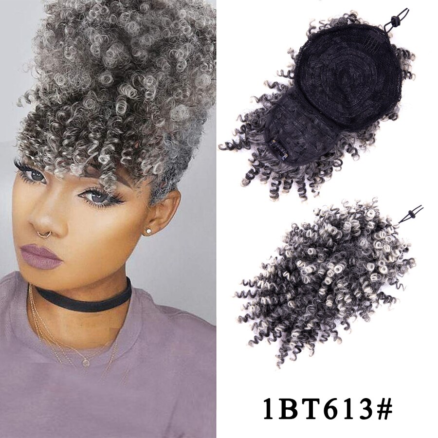 Leeons Kinky Curly Hair Bangs High Puff Ponytail Synthetic Hair Extensions African American Hair Ponytail With Bangs 11 Colors: 1bt613