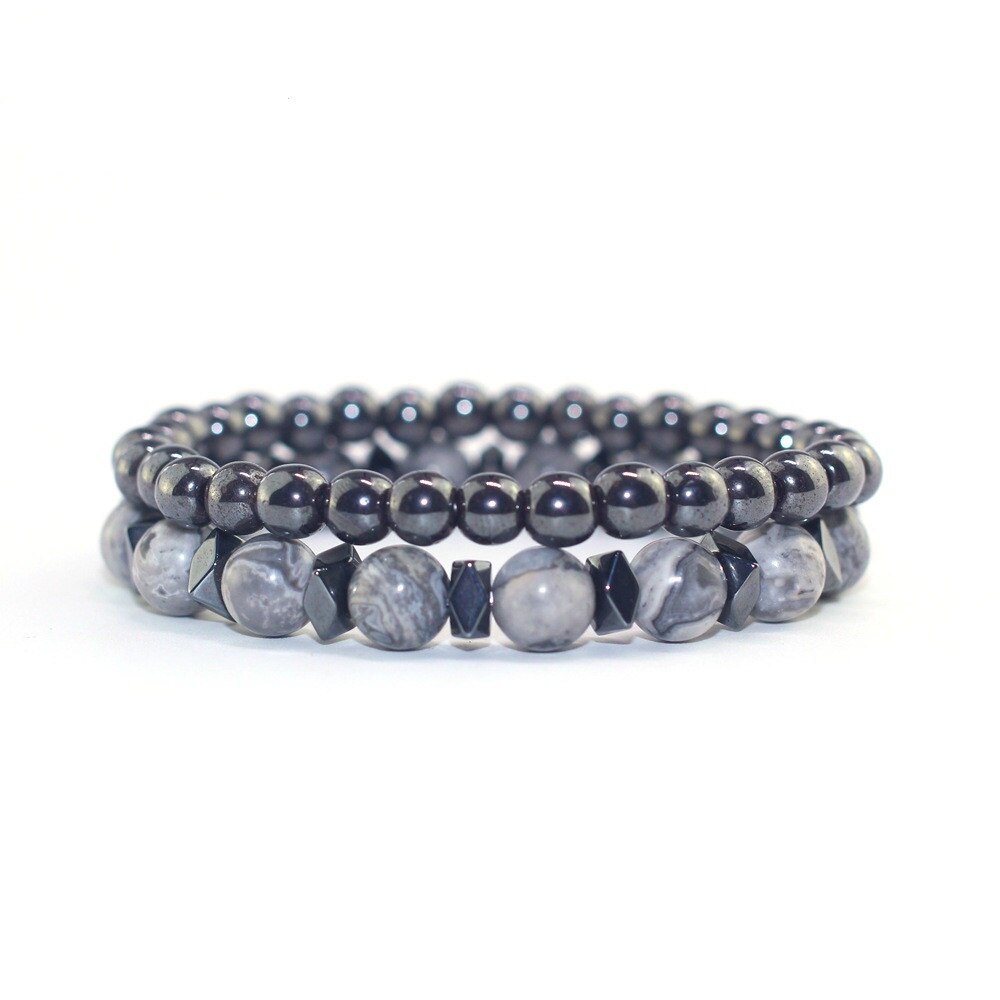 Bracelet en pierre grise noire, 2 pièces/ensemble, 6MM et 8MM, en pierre naturelle pour hommes, bijoux de fête