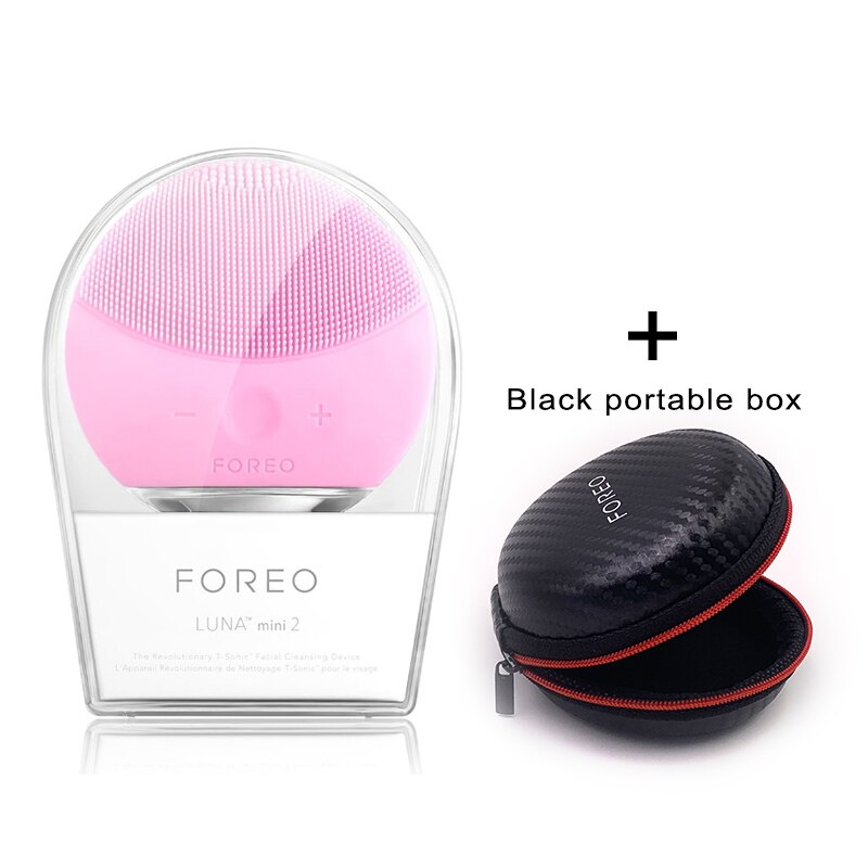 Foreo Mini 2 Limpieza Gesichts FOREO Elektrische Gesicht Reinigung Pinsel Mit Tragbaren Kasten,USB-Ladung, ccept: Rosa mit Schwarz Kasten