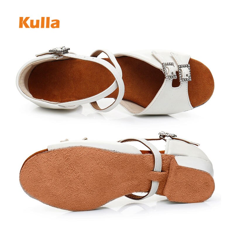 Girls Latin Dance Shoes Children Salsa Tango Dancing Low Heel White PU Rhinestone Soft Sole Party Training Kids Ballroom Shoes