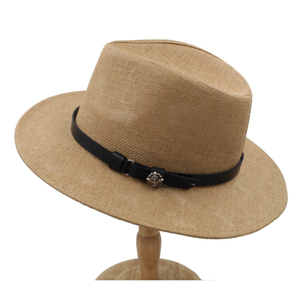100 & % Stro Vrouwen Mannen Brede Rand Panama Hoed Voor BeachSun Hoed Met Strik Schipper Cap Size 56- 58 cm: Light Coffee