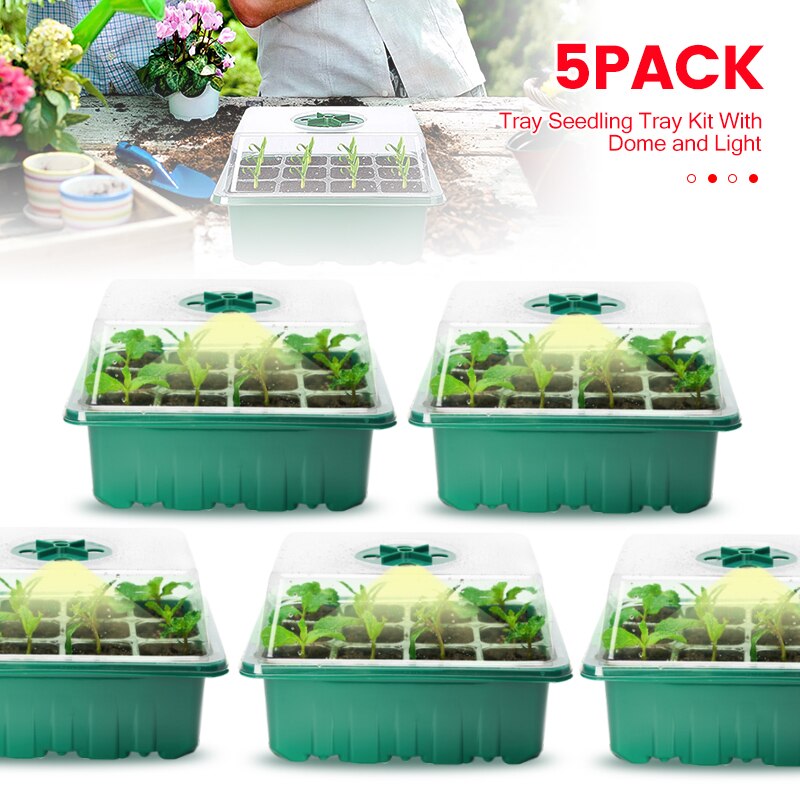 5Pack Greenhouse Planter Box Kit 12 Holes Nursery Pot Plant Seedling Tray with Growth Light Garden Cultivation Seeding Plant Pot