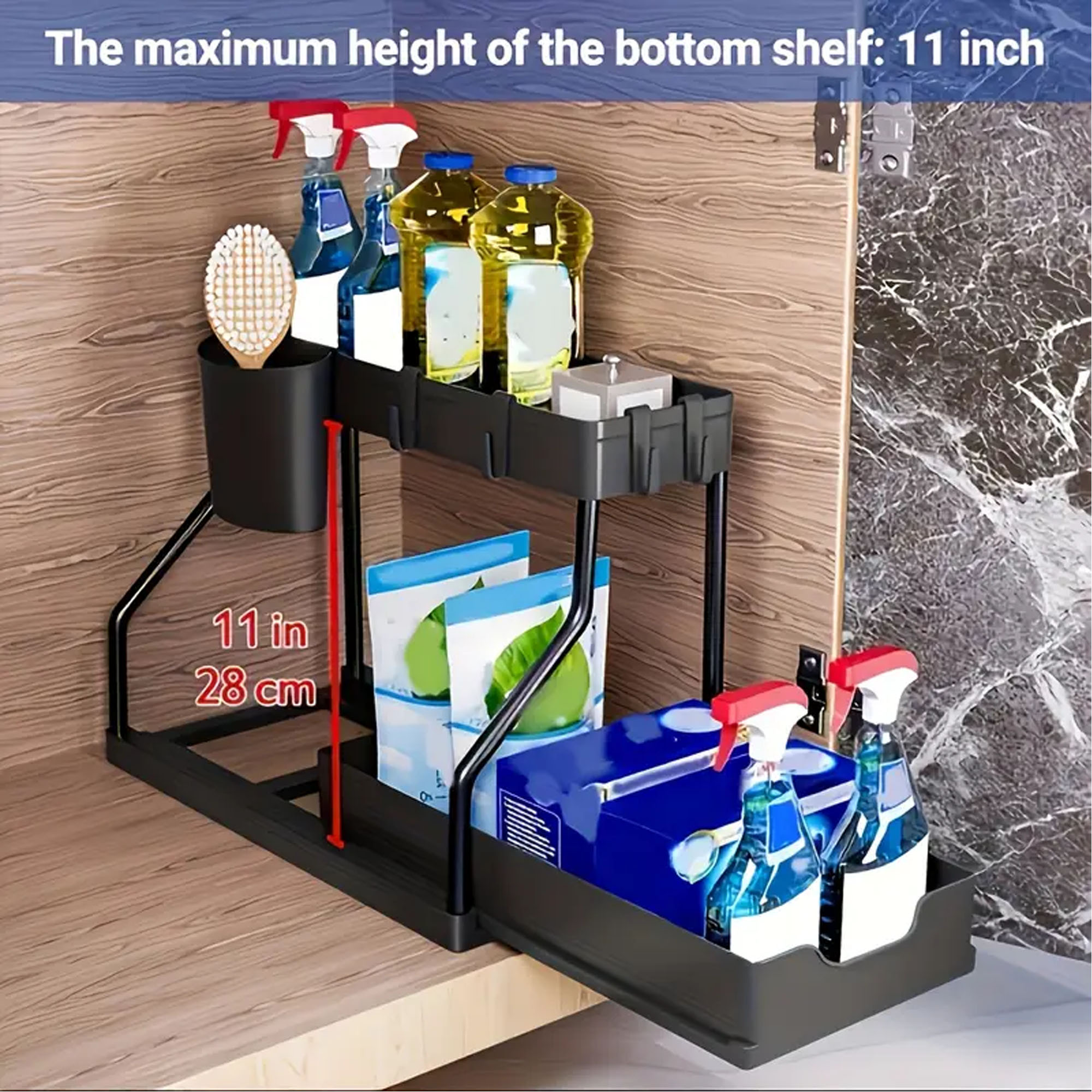 1-delig dubbellaags uittrekbaar opbergrek voor keuken, bureau en badkamer onder gootsteen, multifunctioneel R-vormig push-pull kastopbergrek, multifunctioneel desktop badkameropbergrek, lade-organisatie en opbergrek: Black