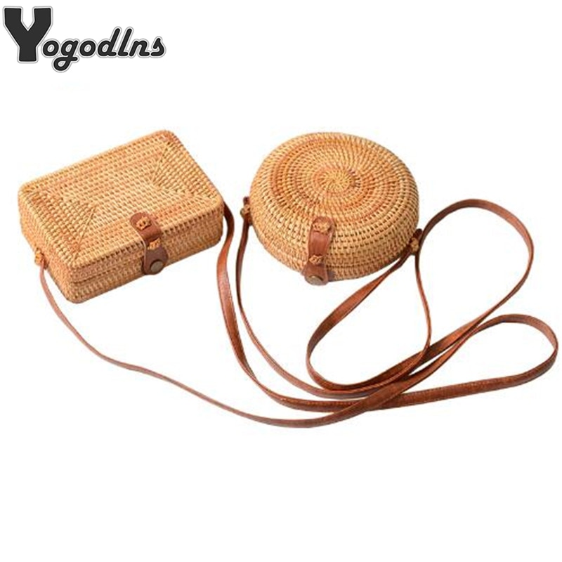 Bolsos de ratán de verano para mujer de bolso de paja cuadrado redondo bolso hecho a mano tejido de playa bandolera círculo bohemio bolsos de playa
