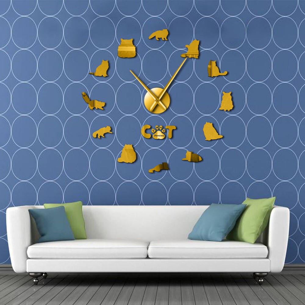 Persian Cat Large DIY Wall Clock Persian Longhair Cat Breeds Silent 3D Wall Watch with Iranian Shirazi Cat Kitty Mirror Stickers