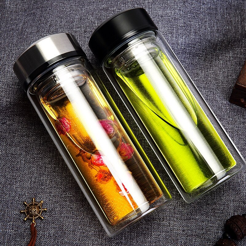 Double-layer Glass Water Bottle Water Bottle Double Layer Glass Heat Resistant Transparent Glass with Infuser Water Bottle