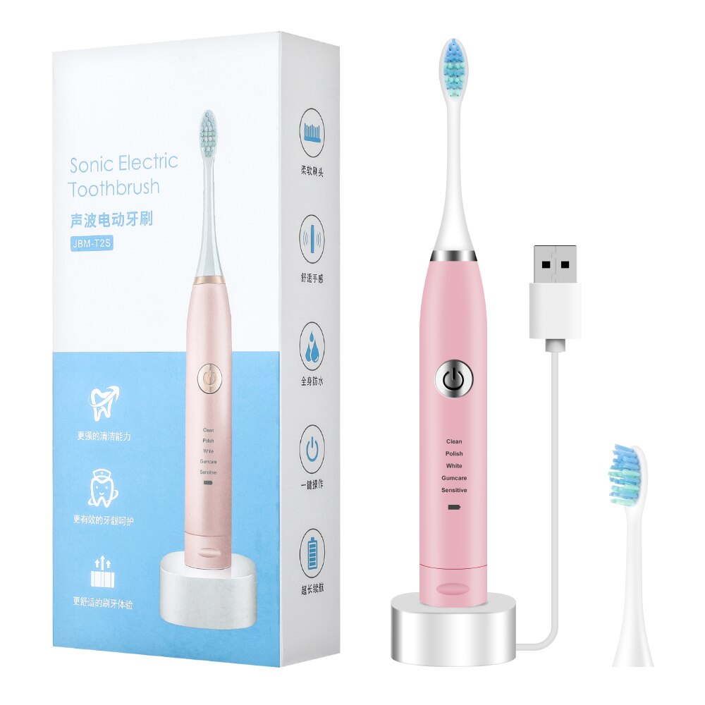 Portable Electric Sonic Vibration Toothbrush USB Rechargerable Waterproof Toothbrush With 5 Adjustable Modes Oral Care Tool: Pink