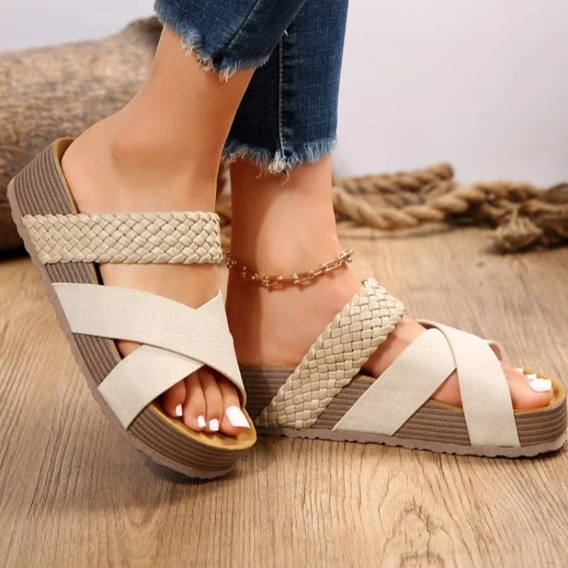 Sandalias planas de corcho para mujer, zapatillas de plataforma antideslizantes, zapatillas de exterior, sandalias para mujer