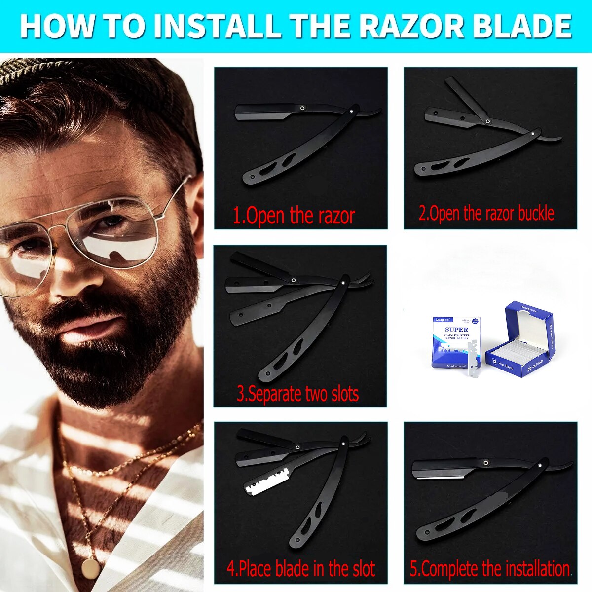 100 BLADES + Barber Straight Edge Razor Safety Barber Razor - Salon Cut Throat Shavette