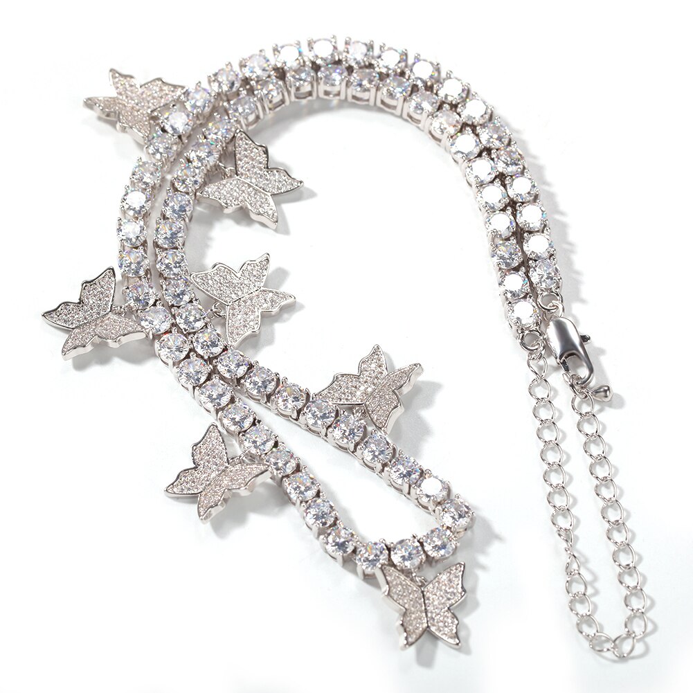sterben BLING KÖNIG Frauen 5mm CZ Tennis Kette 1 Reihe 7 Stck Schmetterling Rosa & Silber Farbe Luxus Verlängerung kette Schmuck