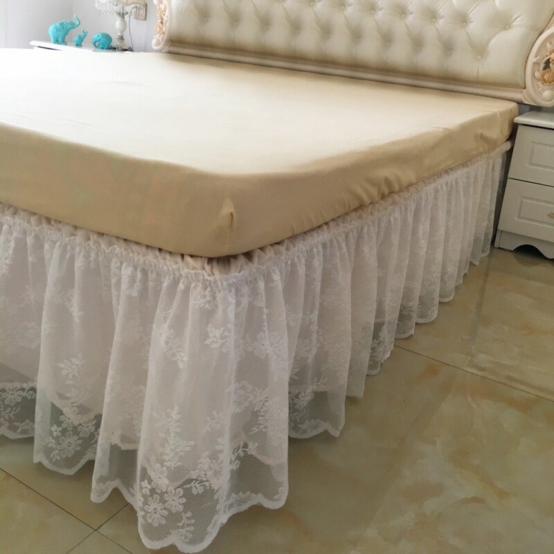 1pc dentelle lit jupe romantique couleur unie ébouriffé couvre-lit fleurs décor lit jupe couvre-lit maison lit jupe maison Textile: Beige / M
