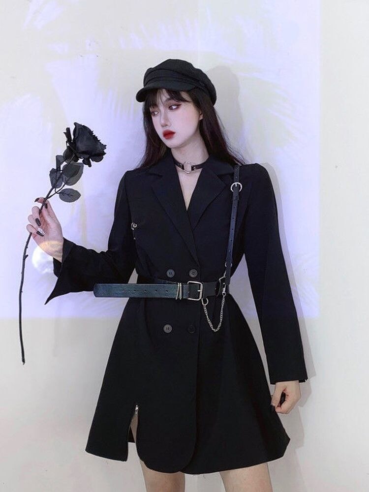 Vestido de chaqueta negra para mujer, traje coreano Harajuku Vintage, Blazer, vestidos de verano para mujer, ropa de oficina, Cosplay gótico, 2022: M
