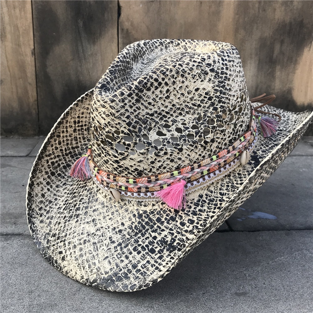 Women Straw Hollow Western Cowboy Hat Lady Tassel Sombrero Hombre Hat Fascinator Sunbonnet Cowgirl Sun Hat