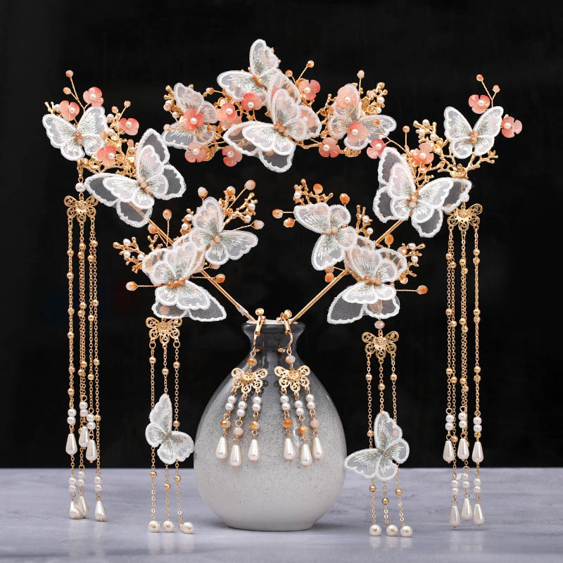 Chinese Hanfu Dress Hairpins Clips Hair Combs Ear Clips Jewelry Set Butterfly Flower Step Shake Long Tassel Headpieces