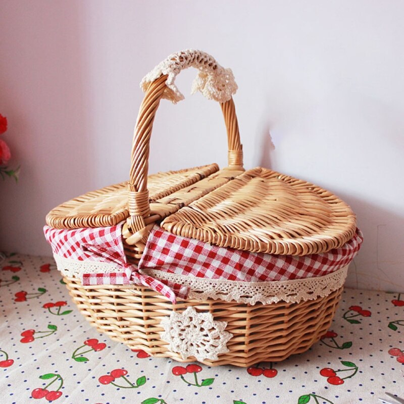 Rattan Outdoor Picnic Basket Country Style Wicker Hamper with Lid and Handle Liners Food Fruit Storage Carrying