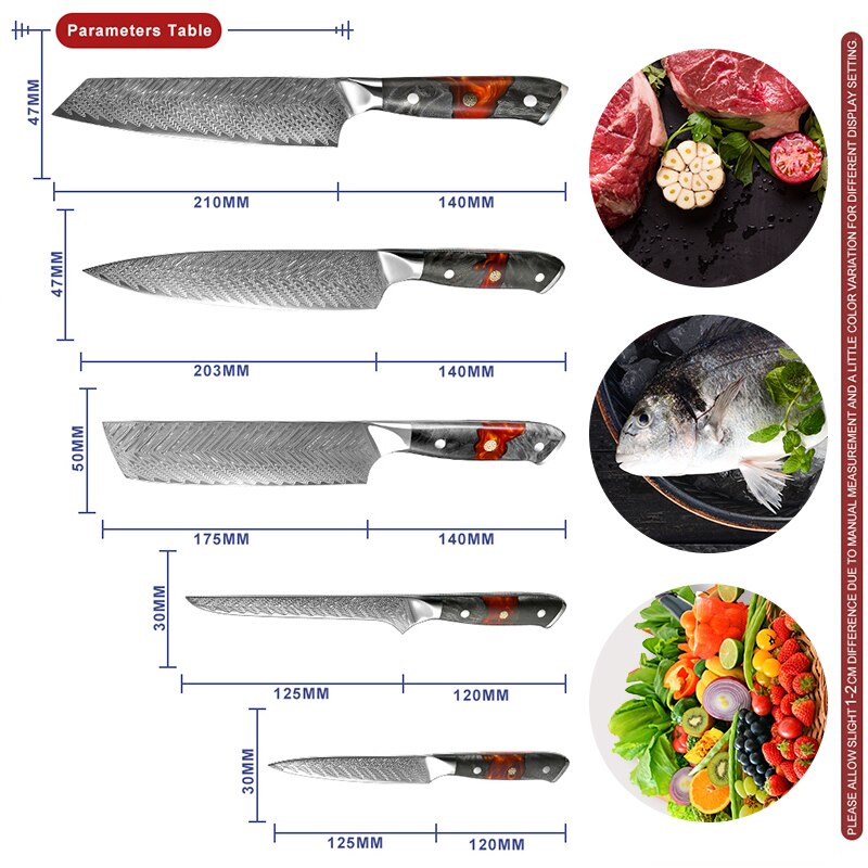 1-5 Pcs Damascus Kitchen Knife Set VG10 Japanese Steel Chef Knives Boning Knife Utility Knife Meat Vegetable Cutter GRANDSHARP