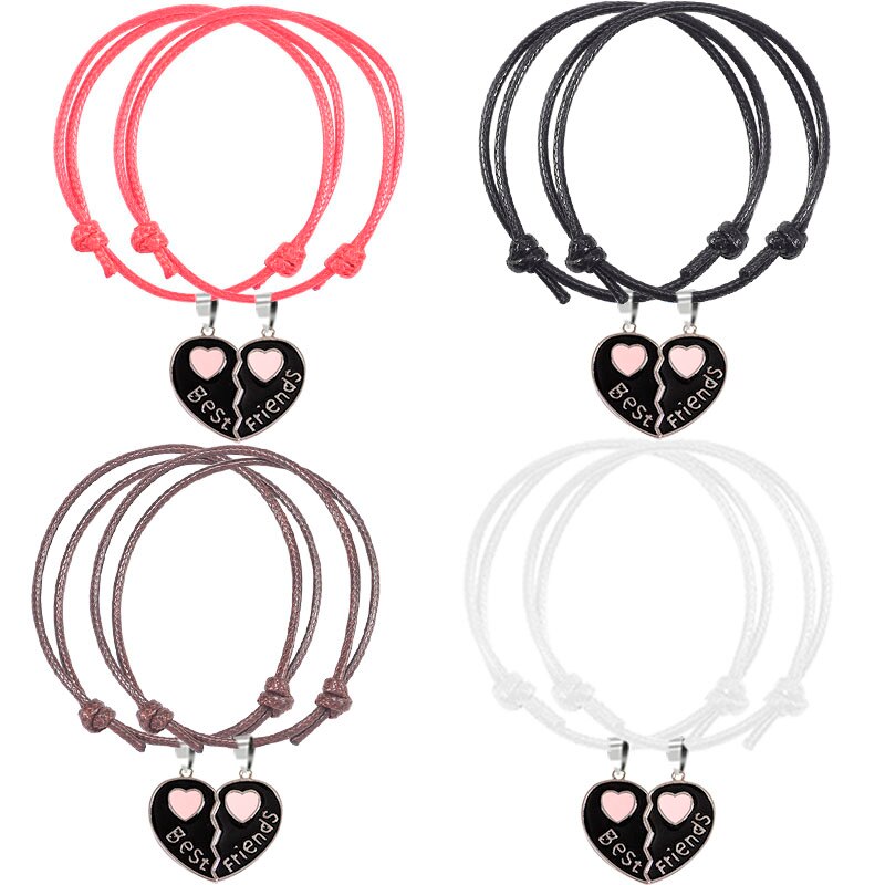 2-piece Best Friend Bracelet Pink Heart Pendant Friendship Bracelets Jewelry Multi-color Optional Leather