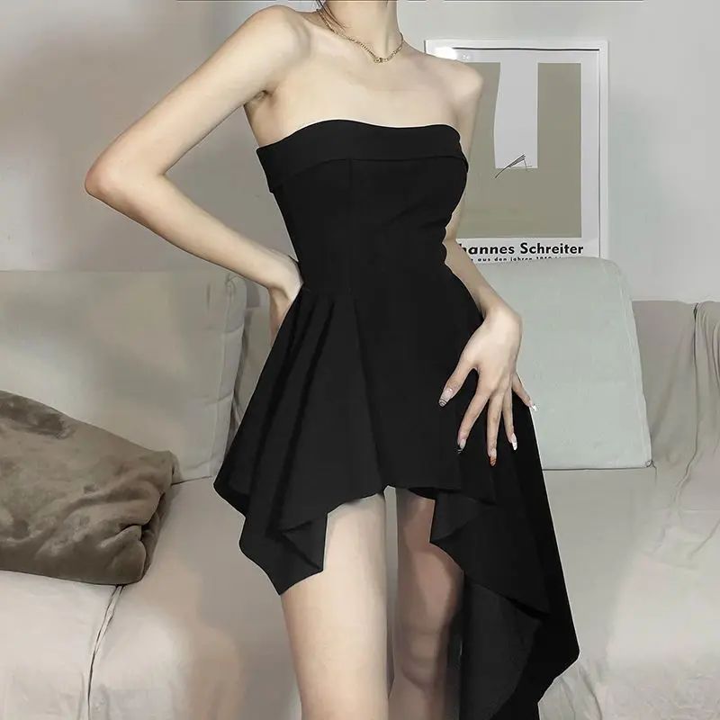gotisch Schwarz Rohr oben Kleid Frauen Sommer Unregelmäßige schlank passen eine Linie Kleid Y2K Koreanische Streetwear Ärmelloses Mini Kleid