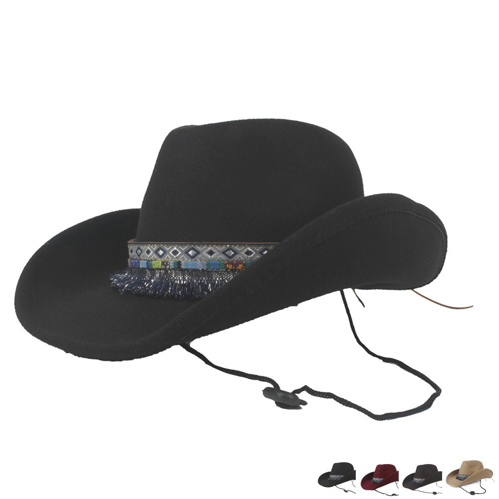 Kvinder uld hule vestlige cowboy hat bred skygge dame kvast outblack fedora sombrero hombre jazz cap