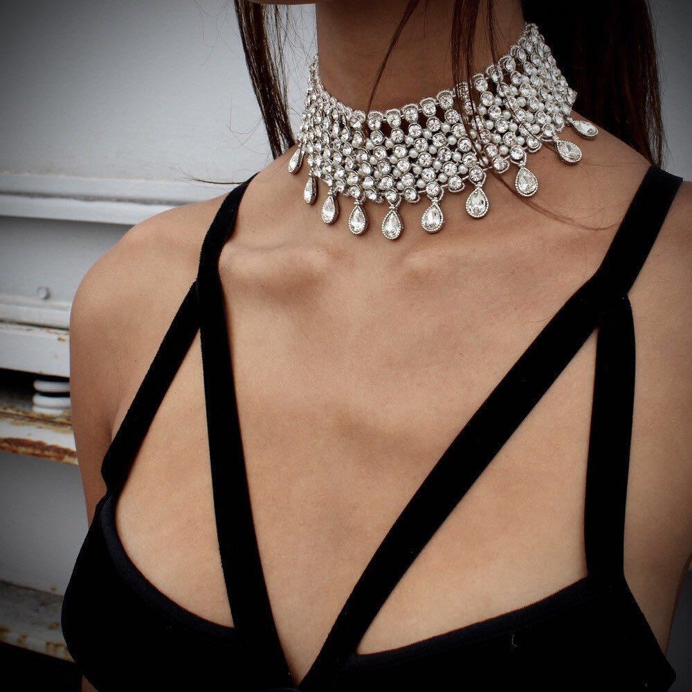 Luxury Multilayer Crystal Rhinestones Choker Necklace Women Indian Ethnic Statement Large Collar Necklace Jewelry