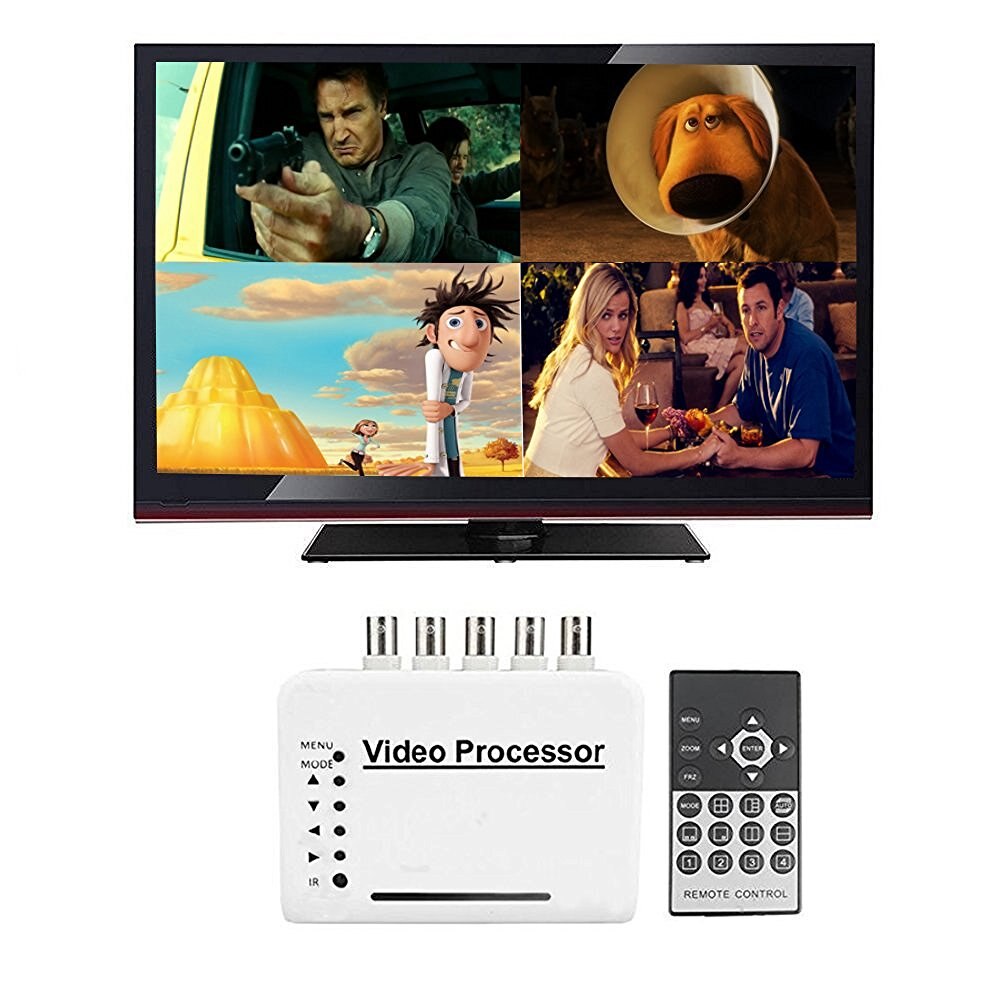 Podofo 4 Channel CCTV Color Video Quad Splitter Switcher Camera Processor System Kit with Remote Control 5 BNC Adapter