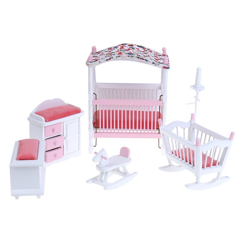 6pcs/set Mini Dollhouse Bedroom Furniture Toys Set 1/12 Wooden Simulation Furniture DIY Model Toy for Doll House Decoration Pink