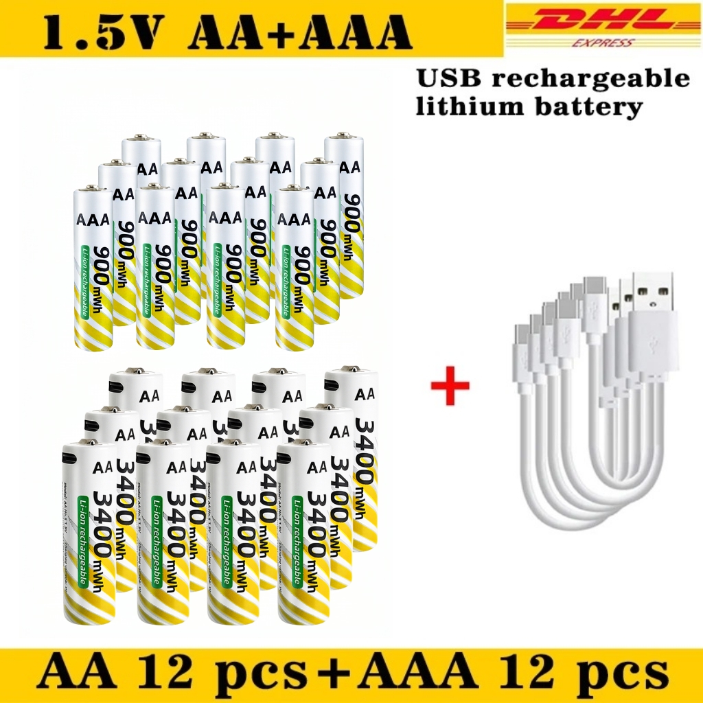 1.5V AA 3400mWh + AAA 900mWh Rechargeable Lithium Battery Set with USB-C Fast Charging Type C Cable air transport