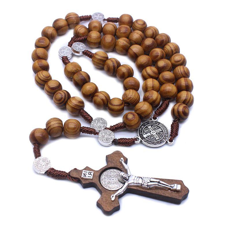 Handgemaakte Ronde Bead Katholieke Rozenkrans Kruis Religieuze Hout Kralen Mannen Ketting Charm 32CD: Default Title