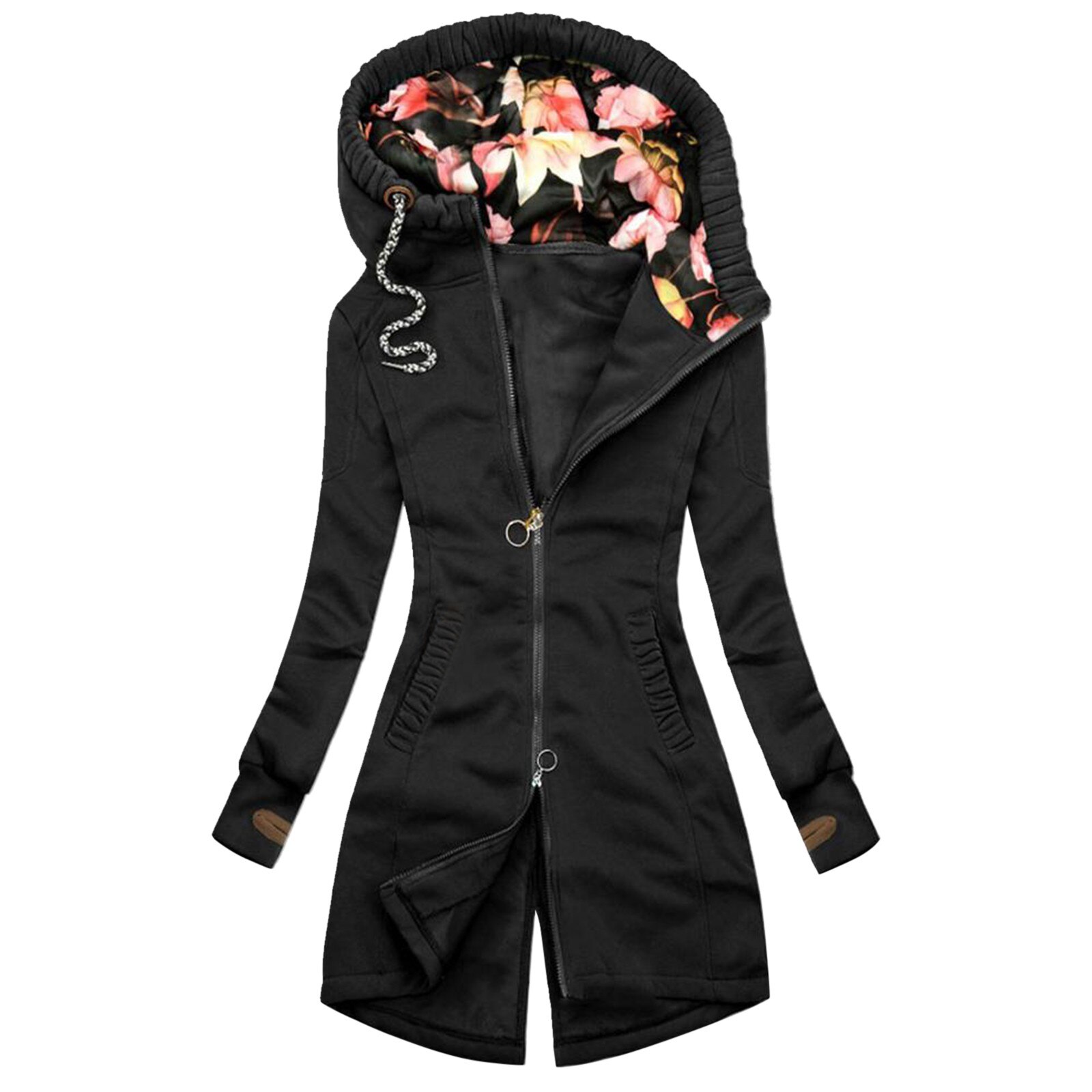 Winter Women Long Coat Floral Print Overcoat Long Sleeve Zipper Pocket Cardigan Hooded jacket Slim Trench Coat manteau femme: Black / S