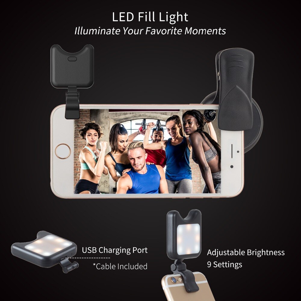 Apexel puhelimen kameran linssisarja 0.45x laajakulma-makroobjektiivi + ladattava led-selfie-täyttövalo samsung xiaomille enemmän matkapuhelimia