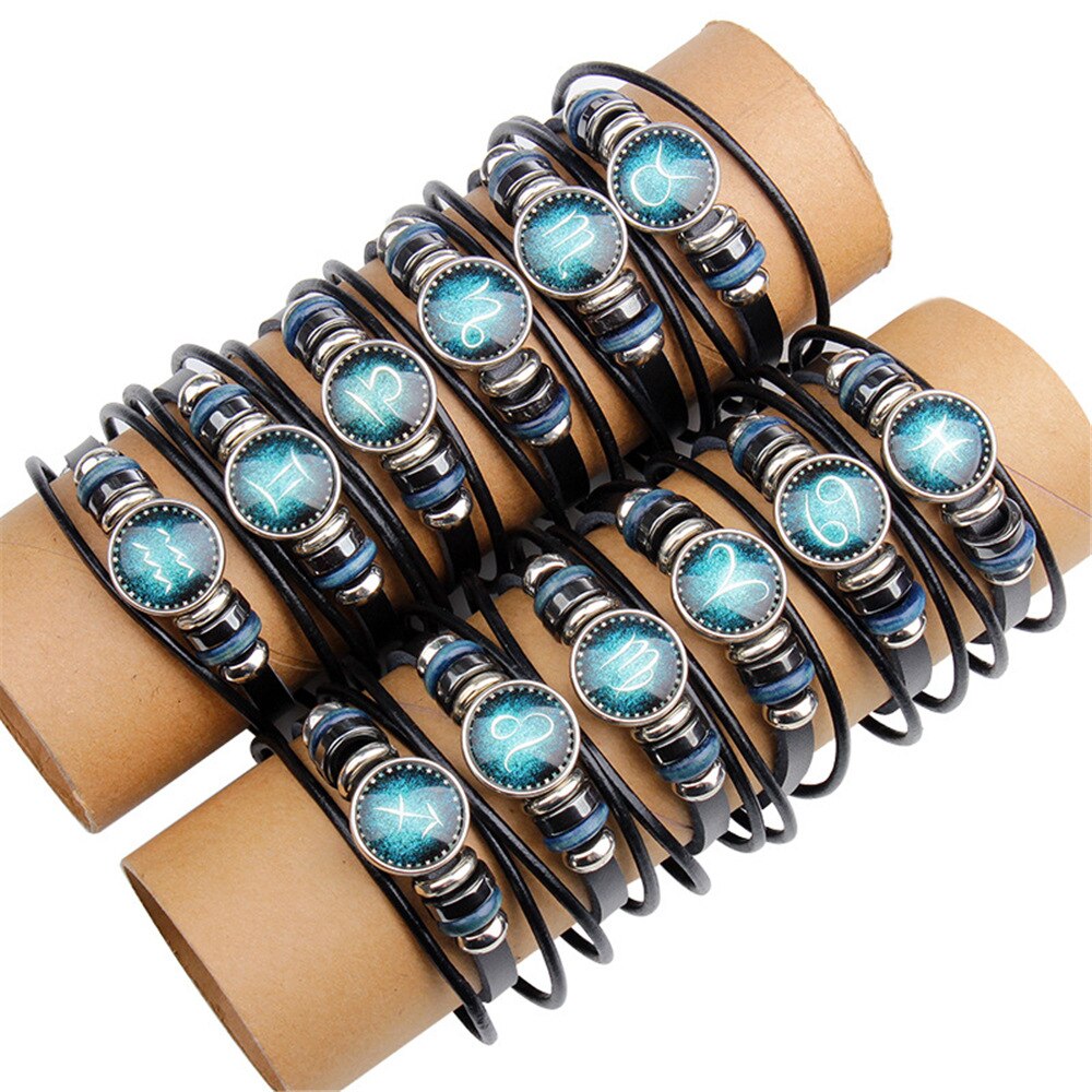 European and American tide men and women retro multilayer 12 constellation bracelet diy punk couple leather bracelet constellati