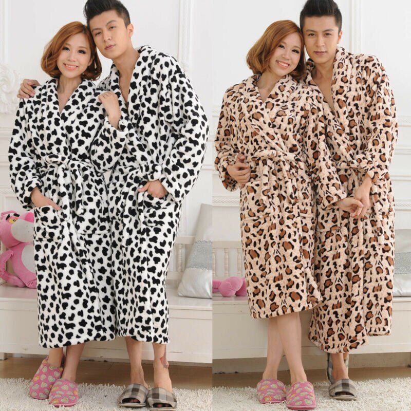 Matching Couples Bathrobe Thick Velvet Warm Robes Sleepwear Soft Flannel Long Belt Robe Homewear Women Men Leopard Print Robes
