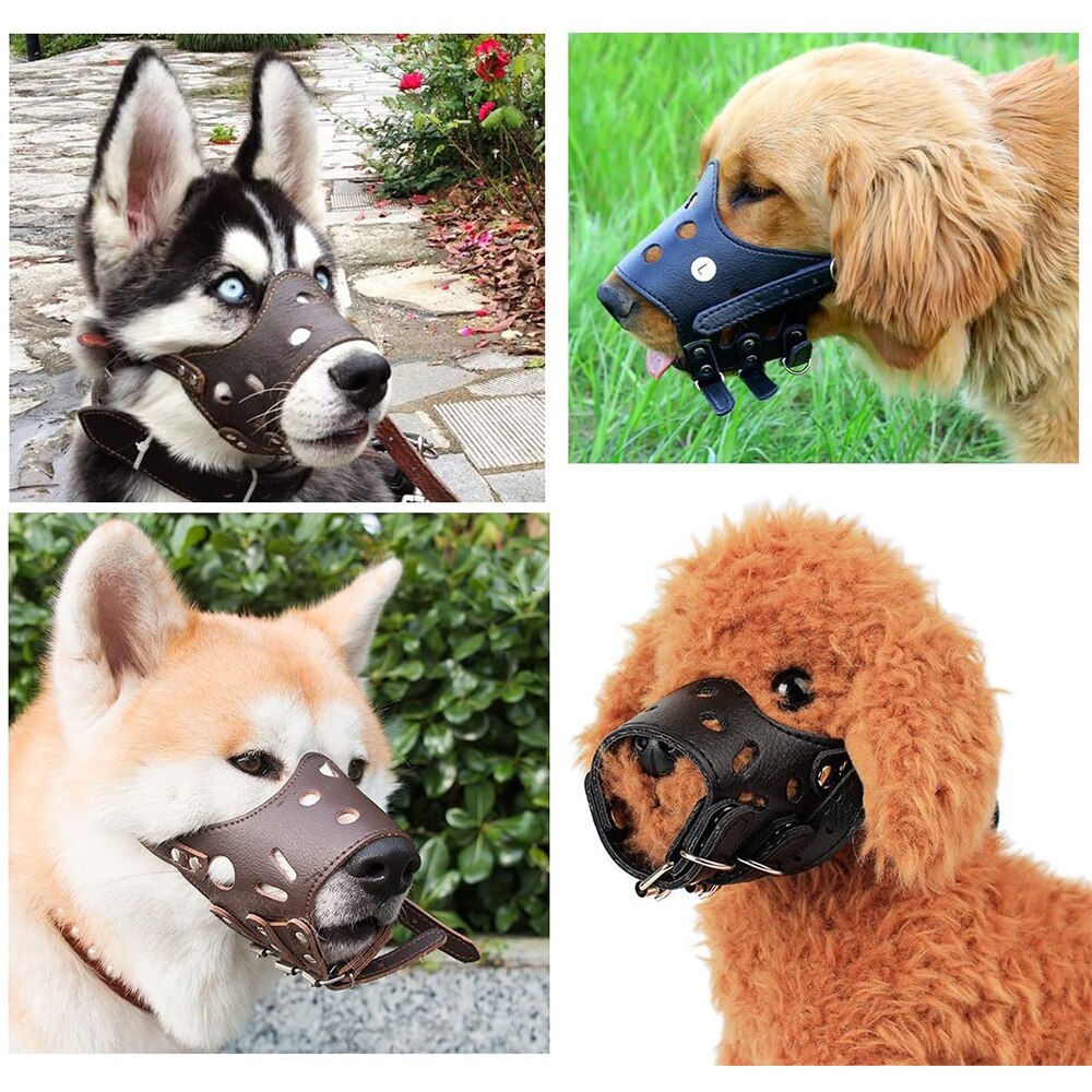 Cuero de la PU perro bozal ajustable transpirable Mascarilla Anti ladrar morder masticar seguridad suave bozales formación para pequeñas perros grandes de la boca