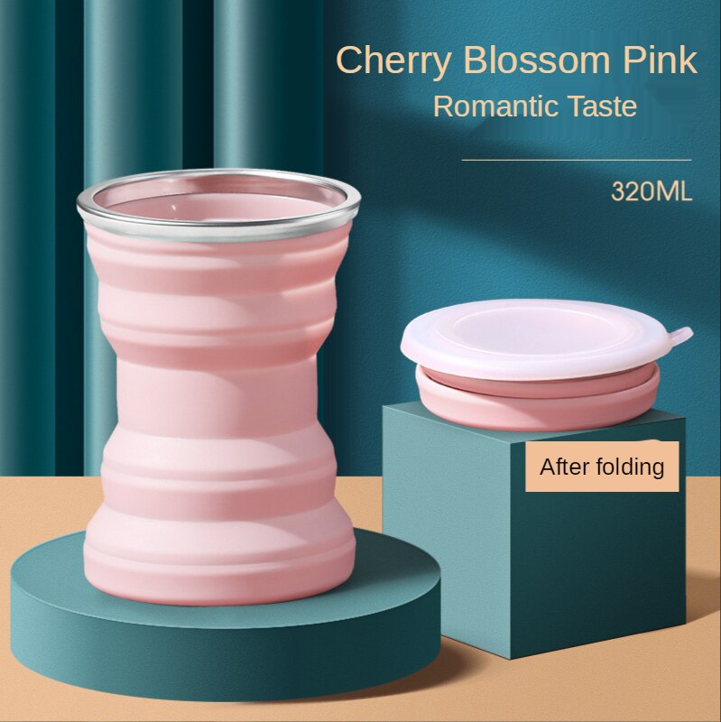 Siliconen Vouwen Cup Voor Zakelijke Reizen Reizen Draagbare Creatieve Mini Telescopische Cup Met Deksel Outdoor Reizen Mond Wassen Cup: Cherry blossom pink