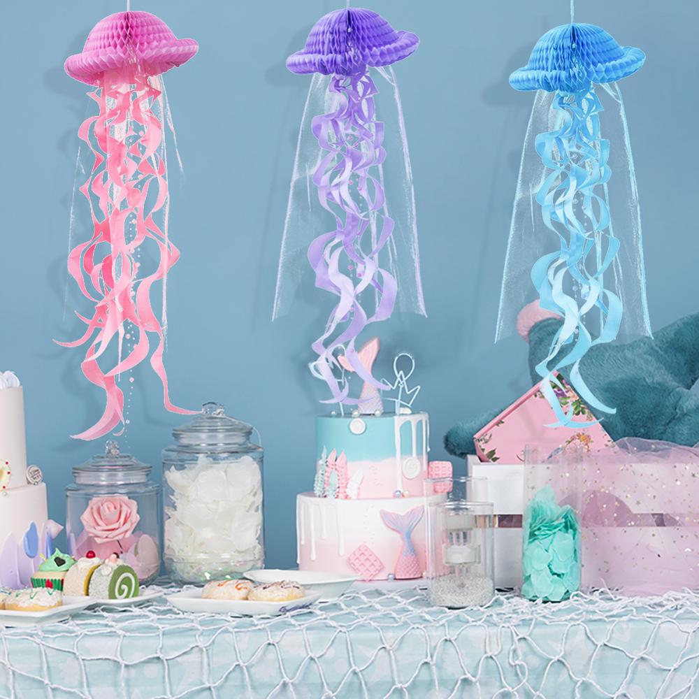 Guirnalda de medusas de panal de papel colgante, serpentín Pastel para el océano, tema de agua, sirena bajo el mar, decoración de de cumpleaños