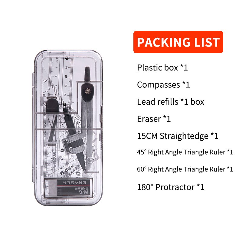 M&amp;G Math Set Protractor Drawing Triangle Eraser Pencil Compasses Box Math Ruler 7-8 Pcs/set for Students School Supplies: 90808 7pcs set