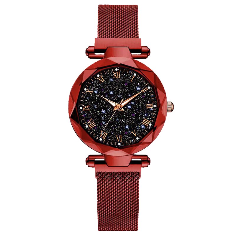 Kvinders luksus stjernehimmel armbåndsur magnetisk magnet spænde kvarts ur geometrisk overflade kvindelige lysende armbåndsure: Rød