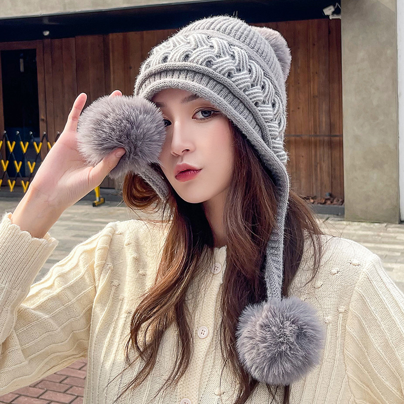 2022 Women Winter Ear Cap Ladies Woolen Hat Korean Earflap Knitted Outdoor Warm Snow Fiuffy Pompom Windproof Ski Cap