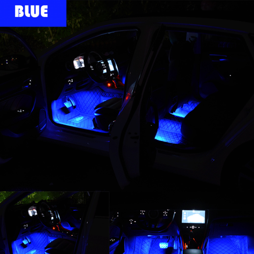 Luz ambiental para pies Interior de coche con USB, lámparas decorativas de ambiente automático, Kit de luces de tira para pies de 48 LED, accesorios para coche: Marfíl / Azul