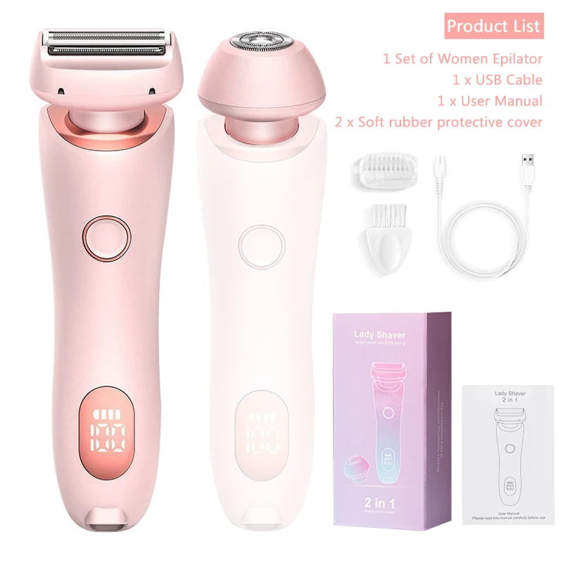 2-in-1 elektrischer Epilierer, Rasierer, wasserdicht, Doppelkopf, elektrischer Epilierer für Frauen, wiederaufladbarer Gesichtsepilierer, Körper-Epilierer: Rosa