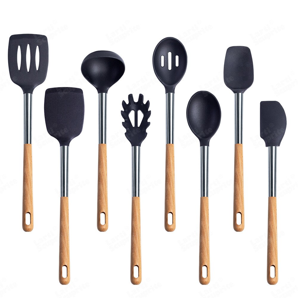 Kit d'ustensiles de cuisine en Silicone, ensemble d'outils de cuisine, accessoires allongés manche en bois massif, spatule cuillère Kit avec ustensiles de rangement: B08