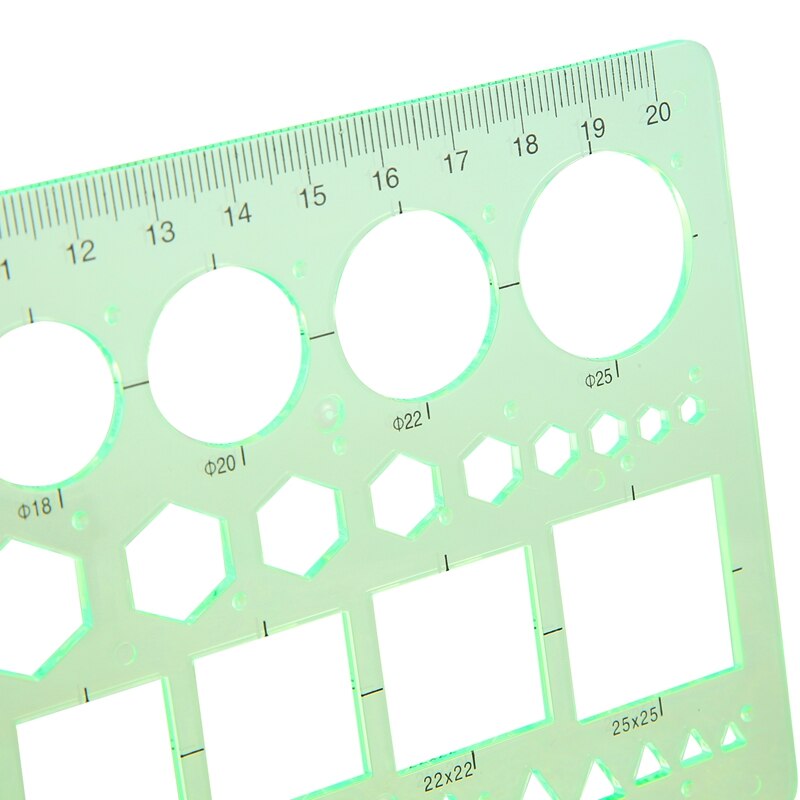 Green Plastic Circles Squares Hexagons Geometric Template Ruler 0-20cm