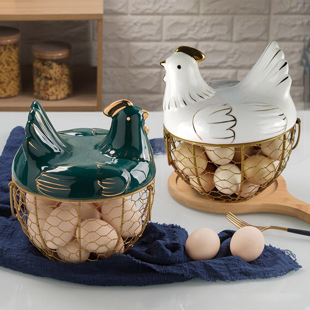 Multi-function Iron Eggs Storage Basket Chicken Shape Ceramic Lid Fruit Organizer With Handle Large Capacity Kitchen Mesh Holder