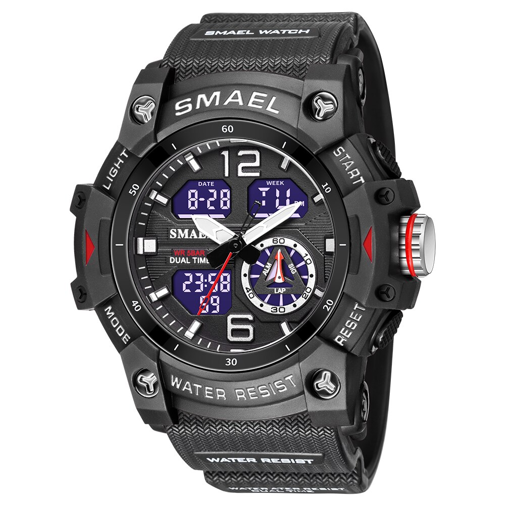 SMAEL – montre de sport pour hommes, double affichage LED, numérique, Quartz, étanche, chronomètre pour étudiants, horloge pour jeunes: Black