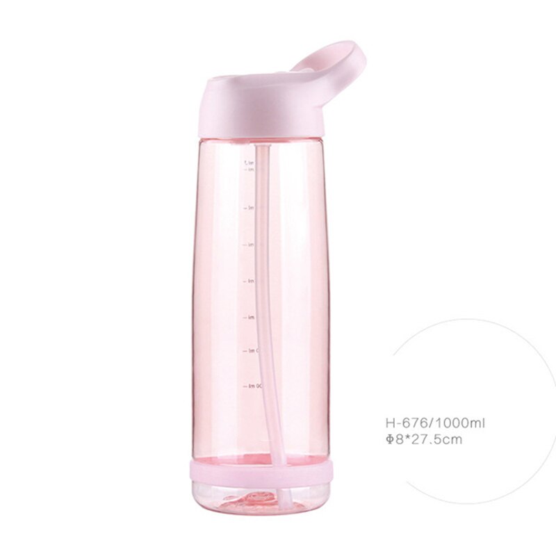 Outdoor mountainbike waterfles met rietje, fitnessflessen, milieuvriendelijk met deksel, lekvrij, draagbaar fietsaccessoire: Roze 1000ml